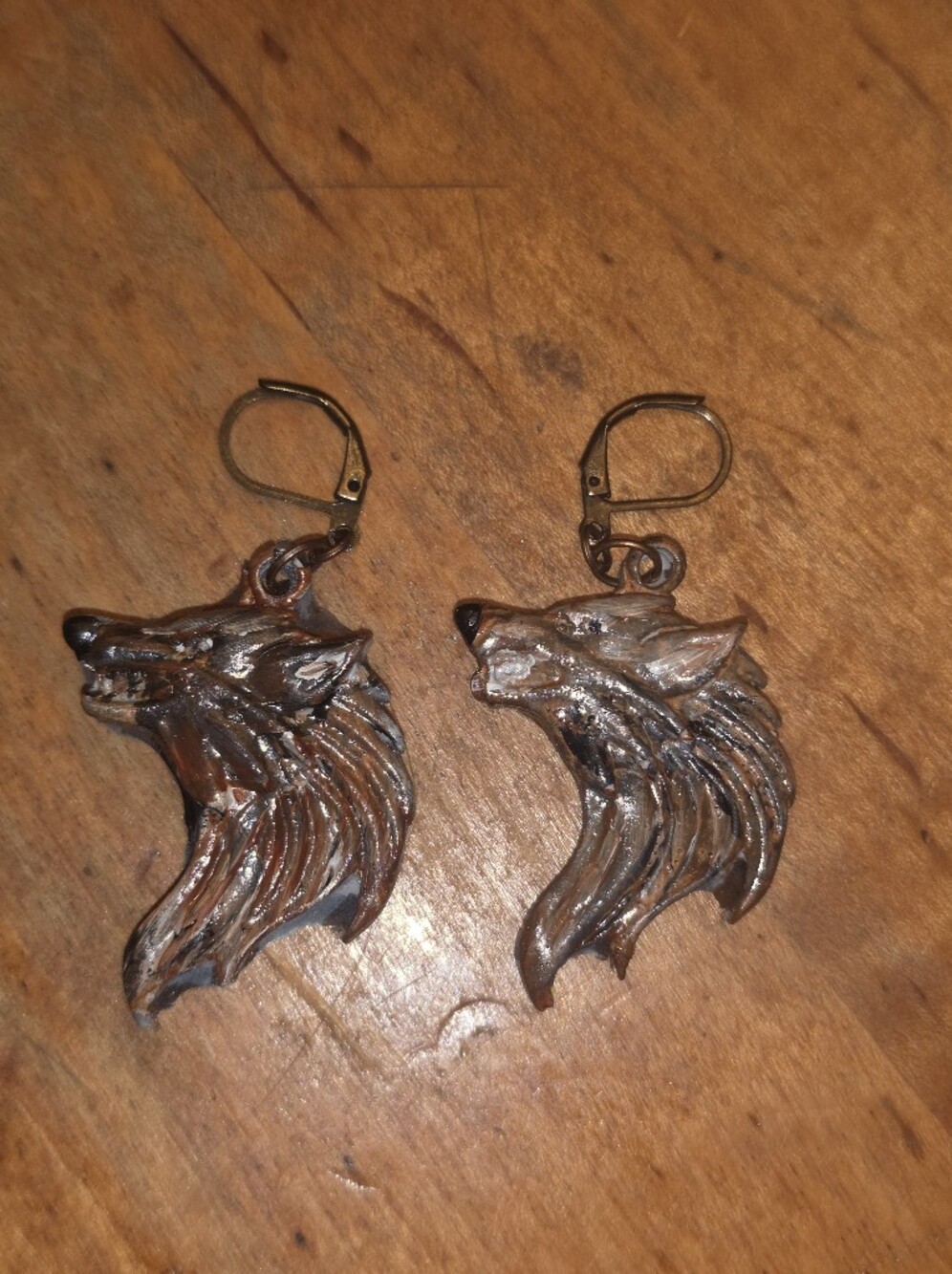 Brown Snarling Wolf Resin Earrings On Stainless Steel Leverback Closures
